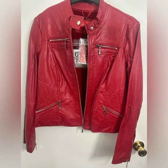 Guess Red faux Leather Motorcycle Jacket with Stand-up Collar - Picture 3 of 8